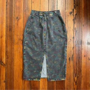Vintage early 1980s Palmetto’s painted floral front slit denim midi skirt